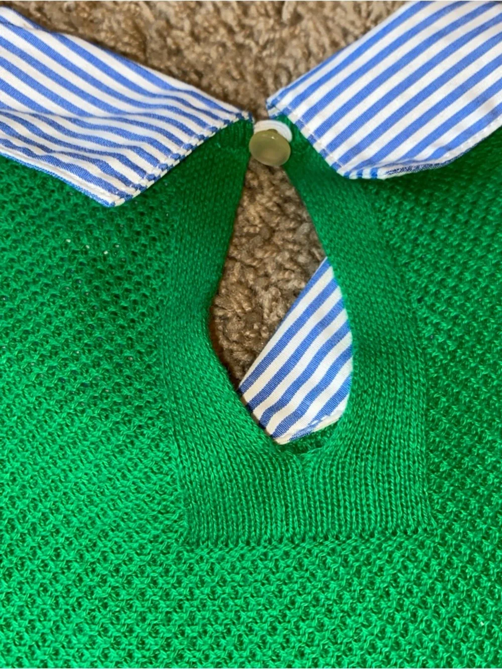 J.Crew Cotton Sweater with Contrast Striped Collar Womens M Green Preppy 90s